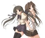  2girls ahoge back-to-back black_legwear brown_eyes brown_hair grey_eyes grey_hair hair_intakes hair_ribbon long_hair memories_off memories_off_2nd multiple_girls plaid ribbon sasaki_mutsumi school_uniform serafuku shirakawa_hotaru shirakawa_shizuru skirt smile thigh-highs twintails zettai_ryouiki 