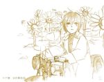  00s 1girl androgynous brown flower ground_vehicle hermes kino kino_no_tabi monochrome motor_vehicle motorcycle reverse_trap sketch solo sunflower vehicle 