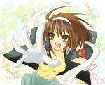  1girl :d arm_up armband armlet breasts brown_eyes brown_hair cleavage collarbone contemporary forest gloves jacket jhonwalker long_hair long_sleeves looking_at_viewer nature open_clothes open_jacket open_mouth shirt short_hair smile solo suzumiya_haruhi suzumiya_haruhi_no_yuuutsu t-shirt white_gloves 