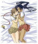 2girls bed bed_sheet black_hair bleach brown_hair dark_skin holding_hands hug legs legs_together miniskirt multiple_girls plaid ponytail school_uniform serafuku shihouin_yoruichi skirt sleeping sui-feng twintails vest yuri