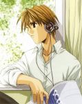  1boy angel/dust_neo angel_dust_neo angel_flavor artbook book brown_eyes brown_hair buttons collarbone collared_shirt haga_akito headphones holding long_sleeves looking_to_the_side male_focus nanase_aoi open_book profile shirt sleeves_rolled_up upper_body white_shirt window 