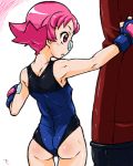 00s 1girl :o armpits artist_request ass bandage bandaid blush body_blush erect_nipples fingerless_gloves flat_chest from_behind gloves gym_leader leotard lowres muscle one-piece_swimsuit open_mouth pink_eyes pink_hair pokemon pokemon_(game) pokemon_dppt profile punching punching_bag short_hair simple_background solo standing straining sumomo_(pokemon) sweat swimsuit tomboy training white_background