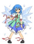  1girl alternate_wings blue_dress blue_eyes blue_hair cirno dress embellished_costume female ice ribbon shoes short_hair socks solo standing touhou wings 