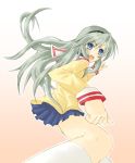  1girl blue_eyes clannad from_side hairband jhonwalker kneehighs long_hair long_sleeves looking_at_viewer looking_to_the_side miniskirt outstretched_arm sailor_collar sakagami_tomoyo school_uniform serafuku silver_hair skirt sleeve_cuffs solo standing very_long_hair white_legwear 
