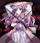  1girl bangs blue_bow book bow checkered checkered_floor crescent dress female hair_bow hat long_hair lying mob_cap on_back open_book parted_lips patchouli_knowledge purple_dress purple_hair red_bow red_ribbon ribbon solo sunlight takase_kanan text touhou very_long_hair violet_eyes 