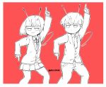  &gt;:&gt; 1boy 1girl :&gt; andromedako andromedao antennae bangs blunt_bangs bob_cut cardigan daitai_konna_kanji doyagao jitome necktie pants pleated_skirt pointing pointing_up red_background ribbon saturday_night_fever school_uniform short_hair simple_background skirt smile smug taiyoukei_disco_(vocaloid) vocaloid 