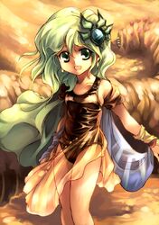  1girl cape child final_fantasy final_fantasy_iv green_eyes green_hair kouno_hikaru leotard monster rydia see-through solo worms younger 