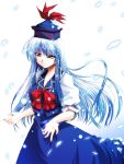  1girl bangs blue_dress blue_hair bow closed_mouth dress eyebrows eyebrows_visible_through_hair female hat kamishirasawa_keine long_hair puffy_short_sleeves puffy_sleeves red_bow red_eyes short_sleeves simple_background solo takana_shinno touhou white_background 