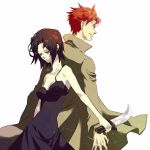  1boy 1girl armpits baccano! back-to-back bare_shoulders black_dress black_hair breasts chane_laforet claire_stanfield cleavage closed_eyes coat collarbone dagger dress long_sleeves redhead reverse_grip short_hair simple_background sleeveless sleeveless_dress weapon white_background 