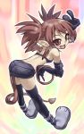  1girl :d ankle_boots armor armored_boots ass bare_shoulders black_gloves black_legwear boots brown_eyes brown_hair cat_tail disgaea etna from_behind gloves makai_senki_disgaea open_mouth pointy_ears smile solo spiky_hair tail thigh-highs v you2 