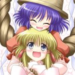  2girls bococho female hair_ribbon hat moriya_suwako multiple_girls ribbon rope shimenawa touhou yasaka_kanako 