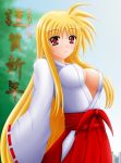  1girl blonde_hair breasts cleavage fate_testarossa japanese_clothes large_breasts long_hair lyrical_nanoha mahou_shoujo_lyrical_nanoha mahou_shoujo_lyrical_nanoha_strikers miko red_hakama solo very_long_hair yamaguchi_ugou 