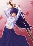  1girl kawa_akira leaf long_hair maple_leaf purple_hair solo sword weapon 