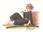  1girl albert_chamomille asakura_kazumi barefoot chamo japanese_clothes kasuga_yukihito katana mahou_sensei_negima! redhead sheath sheathed sitting solo sword violet_eyes weapon 