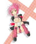  1girl :o armlet between_legs black_jacket blush dutch_angle foreshortening full_body green_eyes hinamori_amu holding jacket jhonwalker leg_warmers loafers looking_at_viewer open_mouth pink_hair ponytail shoes shugo_chara! simple_background sitting solo white_background 