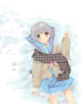  1girl cardigan hizu ichiya_(obey) nagato_yuki scarf school_uniform serafuku short_hair silver_hair snow solo suzumiya_haruhi_no_yuuutsu 