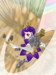  1girl armor armored_dress atlus battle brown_background crown dress earrings gauntlets gradriel gradriel_de_valendia greaves hair_up huge_weapon jewelry princess_crown purple_hair shinama short_hair sword violet_eyes weapon 