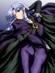  1girl blue_eyes blue_hair braid cape caster dress elbow_gloves fate/stay_night fate_(series) gloves long_dress lying pointy_ears solo tanan 