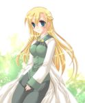  1girl blonde_hair blue_eyes blush braid breasts long_hair mint_(summon_night) mole outdoors pantyhose smile solo summon_night summon_night_4 tamagawa_yukimaru 