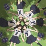  6+girls bag circle_formation closed_eyes from_above grass grin hand_holding lying multiple_girls original school_bag school_uniform serafuku smile tamaru_tokihiko 