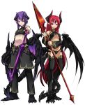  1boy 1girl breasts claws demon_girl demon_horns demon_tail demon_wings detached_sleeves earrings horns jewelry long_hair looking_at_viewer medium_breasts navel pointing pointing_at_viewer pointy_ears polearm purple_hair redhead shiratama_dango shorts small_breasts solo spear sword tail thigh-highs third_eye very_long_hair violet_eyes weapon wings 