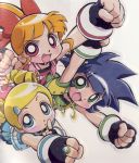  3girls :d akazutsumi_momoko bangs black_gloves blonde_hair blunt_bangs blush clenched_hand clenched_hands drill_hair fingerless_gloves flying gloves goutokuji_miyako green_eyes highres hyper_blossom looking_at_viewer matsubara_kaoru multiple_girls open_mouth outstretched_arms powered_buttercup powerpuff_girls powerpuff_girls_z red_eyes rolling_bubbles scan smile spiky_hair twin_drills 