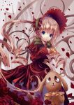  00s 1girl blonde_hair blue_eyes bonnet bow cup dress drill_hair flower highres kunkun lace long_hair petals red_dress ribbon rose rozen_maiden shinku smile solo teacup twintails very_long_hair yamamoto_nori 