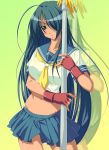  00s blue_hair crop_top fingerless_gloves gloves hair_over_one_eye ikkitousen ishii_akira kan&#039;u_unchou long_hair midriff panties school_uniform serafuku underwear very_long_hair white_panties 