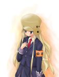  00s 1girl blonde_hair blue_eyes buttons formal hand_on_own_chest kujibiki_unbalance long_hair long_sleeves looking_afar looking_away military military_uniform necktie red_necktie ritsuko_kubel_kettenkrad sidelocks simple_background sleeve_cuffs solo suit uniform very_long_hair white_background yuki_usagi_(mofurafu) 