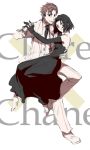  1boy 1girl baccano! bare_shoulders black_eyes black_gloves black_hair brown_hair chane_laforet character_name claire_stanfield dancing dress elbow_gloves formal gloves hand_holding looking_at_viewer lowres short_hair simple_background sleeveless sleeveless_dress suit white_background 