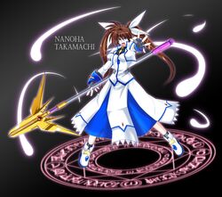  1girl black_background character_name hagane_soushi lyrical_nanoha magic_circle magical_girl mahou_shoujo_lyrical_nanoha mahou_shoujo_lyrical_nanoha_strikers octagram raising_heart solo takamachi_nanoha twintails 