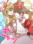  2girls blonde_hair brown_eyes brown_hair cosmic_chicken female frown green_eyes hat hug hug_from_behind inuinui lily_white long_hair lyrica_prismriver multiple_girls short_hair touhou 