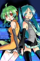  2girls aqua_eyes aqua_hair back-to-back caffein fl-chan fl_studio green_hair hatsune_miku long_hair multiple_girls necktie orange_eyes piano_print red_eyes skirt thigh-highs twintails very_long_hair vocaloid zettai_ryouiki 