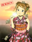  00s 1girl 2008 blue_eyes brown_hair japanese_clothes kimono mouse new_year outdoors sky solo 