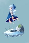  1girl barefoot blue_hair cirno dress female frog nature nazuna_akaru plant ribbon simple_background solo the_embodiment_of_scarlet_devil touhou wings 