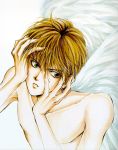 1boy angel_cage angel_sanctuary angel_wings artbook blonde_hair earrings hands_on_own_face highres jewelry male_focus mudou_setsuna parted_lips shirtless short_hair solo wings yellow_eyes yuki_kaori 