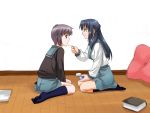  2girls asakura_ryouko feeding footwear half_updo kneehighs multiple_girls nagato_yuki school_uniform serafuku socks suzumiya_haruhi_no_yuuutsu umekichi 