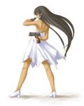  arm_behind_back bare_shoulders brown_hair dark_skin desert_eagle dress dual_wielding gun handgun high_heels kasuga_yukihito long_hair mahou_sensei_negima! pistol semiautomatic shoes tatsumiya_mana weapon 