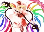  1girl :q alternate_wings blonde_hair colorful cross-laced_footwear female flandre_scarlet hat laevatein looking_at_viewer red_eyes smile solo tongue tongue_out touhou tsurime tsurui wings wrist_cuffs 