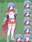  1girl amasa_mitsunaru armor blue_eyes blue_hair blush cape expressions fantasy hairband knight multiple_views original sword thigh-highs weapon 