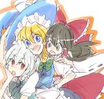  3girls blonde_hair blue_eyes bow braid brown_eyes brown_hair detached_sleeves female floating_hair hair_bow hakurei_reimu hand_on_hip hand_on_shoulder hat head_rest hug hug_from_behind izayoi_sakuya kirisame_marisa long_hair looking_at_another maid_headdress mokeo multiple_girls red_eyes short_hair side_braid silver_hair smile surprised touhou witch_hat 