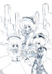  3girls clouds female hat instrument keyboard_(instrument) lunasa_prismriver lyrica_prismriver merlin_prismriver monochrome multiple_girls pillar siblings sisters touhou trumpet violin 