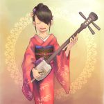  1girl brown_hair instrument japanese_clothes katayama_kotetsu kimono music plectrum shamisen solo 