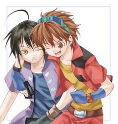 2boys ahoge bakugan bakugan_battle_brawlers belt black_hair brown_eyes brown_hair fingerless_gloves gloves goggles happy hug kazami_shun kuusou_danma male_focus multiple_boys one_eye_closed open_clothes open_mouth open_shirt shirt short_hair smile takano_natsuki yellow_eyes