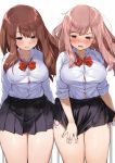  2girls black_skirt blue_eyes blush bow bowtie breasts brown_hair buttons collarbone commentary_request dress_shirt kaisen_chuui large_breasts long_hair long_sleeves miniskirt multiple_girls original panties pink_hair pink_panties pleated_skirt red_bow school_uniform shirt side-tie_panties simple_background skindentation skirt smile standing underwear violet_eyes white_background white_shirt 