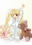  angel/dust_neo angel_dust_neo angel_flavor artbook blonde_hair blue_eyes bow haga_musia highres long_hair nanase_aoi pajamas stuffed_animal stuffed_toy teddy_bear twintails yawning 