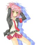  1girl armlet belt buckle hinamori_amu jacket jhonwalker long_sleeves looking_at_viewer necktie open_clothes open_jacket plaid plaid_skirt pleated_skirt red_necktie red_skirt shirt shugo_chara! silhouette simple_background skirt solo white_background white_shirt 