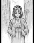  1girl fur_trim jacket japanese_clothes kara_no_kyoukai kimono kimuchi monochrome pillarboxed ryougi_shiki sketch solo tetsu_(kimuchi) 