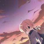  1girl blonde_hair blue_scarf blush breath buttons clouds dutch_angle evening fate/stay_night fate_(series) gradient green_eyes long_sleeves looking_at_viewer omiso omiso_(omiso) saber scarf solo 