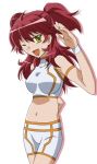  1girl freckles gundam gundam_00 midriff nena_trinity one_eye_closed redhead solo two_side_up wink yellow_eyes yoshiwo_(kanikama) 